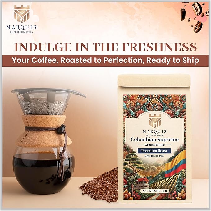 Marquis - Colombian Supremo Ground Coffee, Rich and Bold 100% Colombian Coffee, Fuller-Bodied & Very Well Balanced Colombian Coffee with a Heady Aroma, Premium Light Roast Ground Coffee, 1 lb