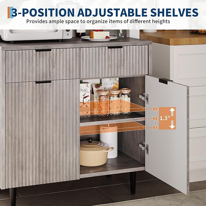 GarveeHome Fluted Sideboard Buffet Cabinet with Storage, Modern Coffee Bar Cabinet with Adjustable Shelves & 2 Drawers, Wood Buffet Console Table for Dining Room Living Room Kitchen Entryway, Grey