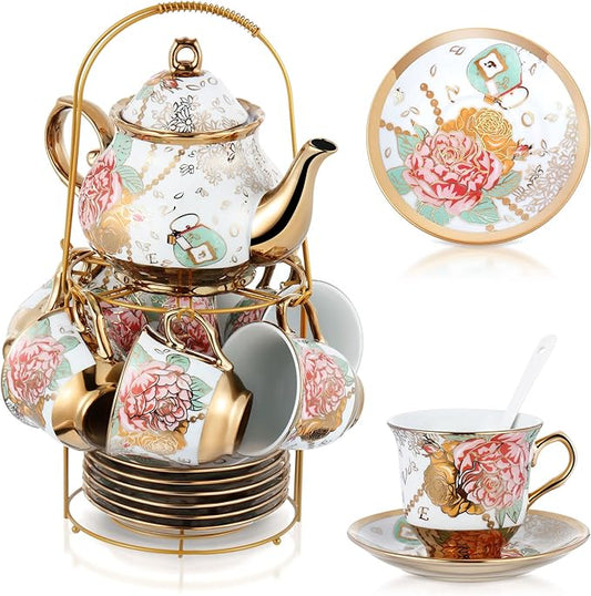 Zhehao 20 Pcs Porcelain Tea Set with Metal Holder and Spoon Adult Ceramic Tea Set European Flower Painting Teapot Cup Saucer Spoon for Women, Large Version (Bright Style)