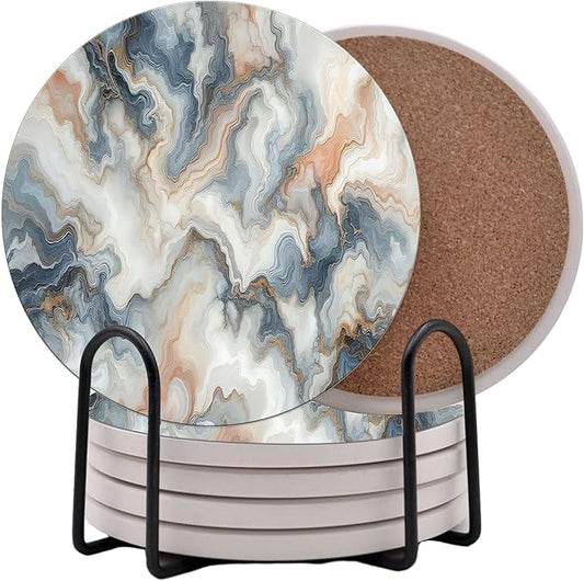 White Agate Marble Round Coasters Set of 6 - Abosrbent Ceramic Coasters with Metal Stand for Drinks, Coffee, Non-Slip Cork Back for Tabletop Protection, 4 Inches Marbled Pattern (Light Colored Veins)