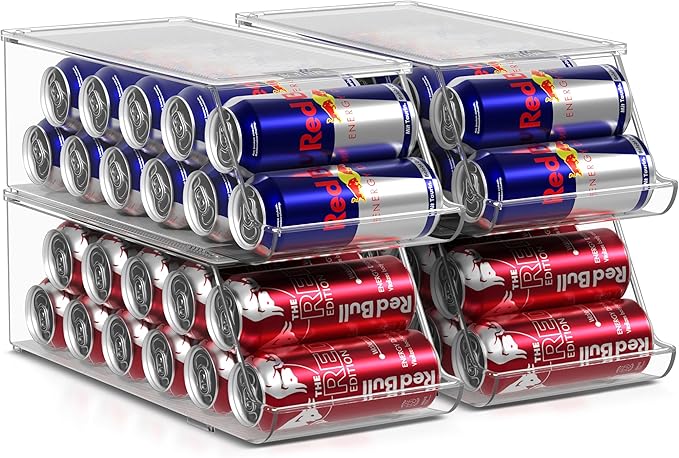Sorbus Skinny Soda Can Organizer for Refrigerator - Stackable Slim Can Holder Dispenser with Lid for Fridge, Pantry, Freezer - BPA-Free, Clear Design, Drink Organizer for Fridge (4-Pack)