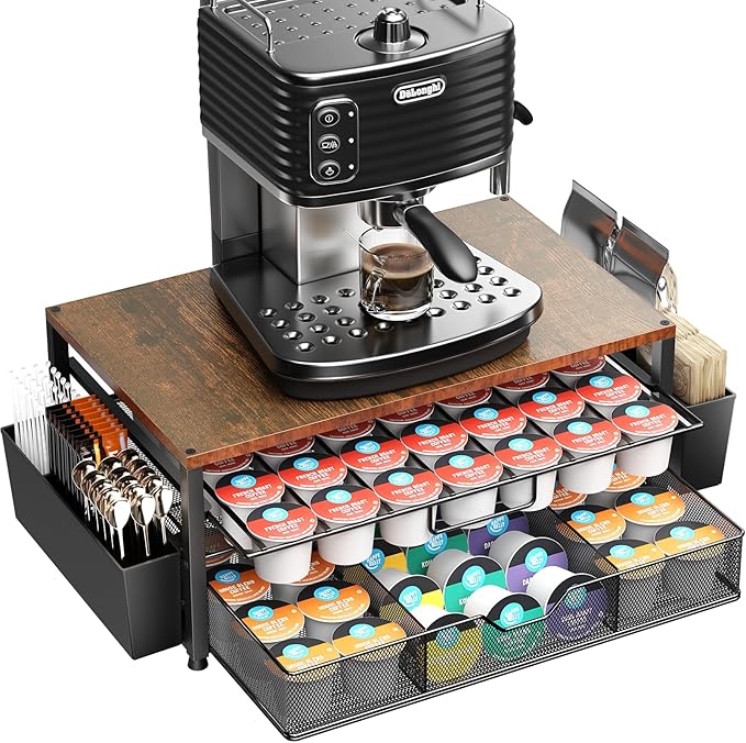 K Cup Holder Organizer, 2-Tier Coffee Pod Holder for 63 Large/80 Small Capsules with Storage Drawer & 2 Accessory Holders, Kcup Organizer for Countertop Coffee Station in Kitchen, Office, Coffee Bar