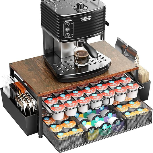 K Cup Holder Organizer, 2-Tier Coffee Pod Holder for 63 Large/80 Small Capsules with Storage Drawer & 2 Accessory Holders, Kcup Organizer for Countertop Coffee Station in Kitchen, Office, Coffee Bar