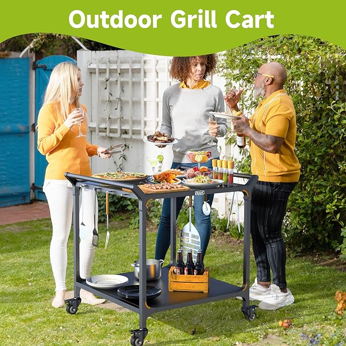 NUUK Grill Cart 32" x 32" Stainless Steel Pizza Oven Table with Double-Shelf Rolling Kitchen Island Cooking Station, Indoor & Outdoor Food Prep Cart