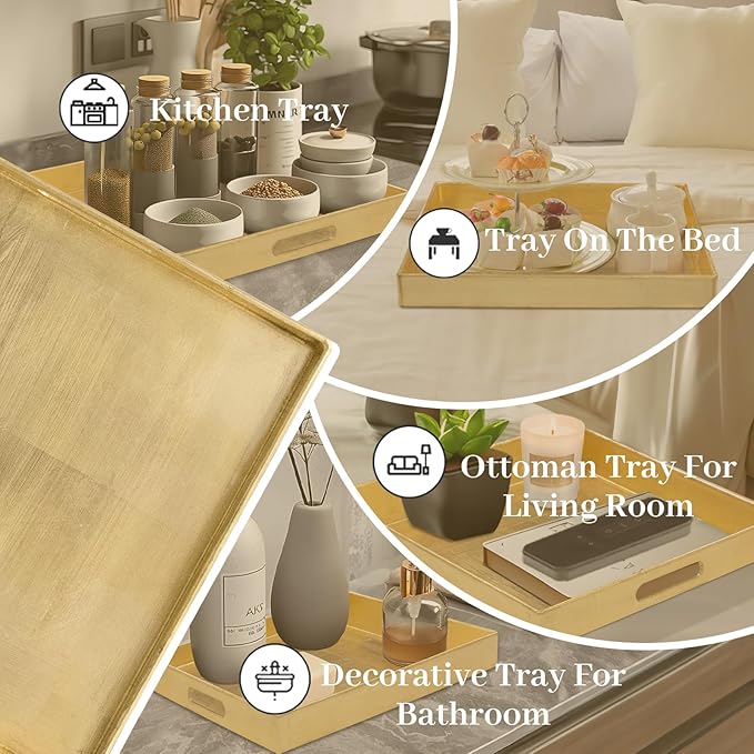 MAONAME Gold Decorative Tray with Handles, Foil Serving Tray for Ottoman, Square Coffee Table Trays for Living Room, Bathroom, 13" L x 13" W x 1.6" H