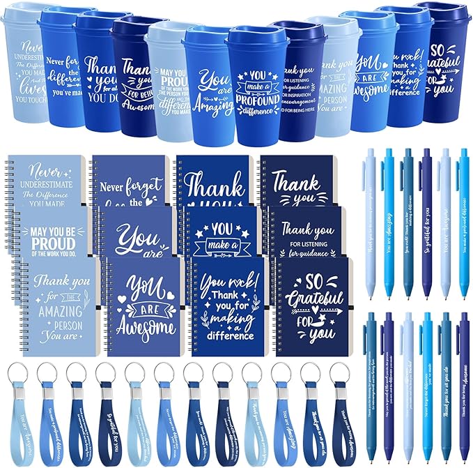 Skylety 12 Set/48 Pcs Employee Appreciation Gifts Bulk Christmas Thank You Gift Set 16 oz Coffee Cups Mini Spiral Notebooks Pens Keychains for Staff Team Teacher Coworker (Blue Gradient)