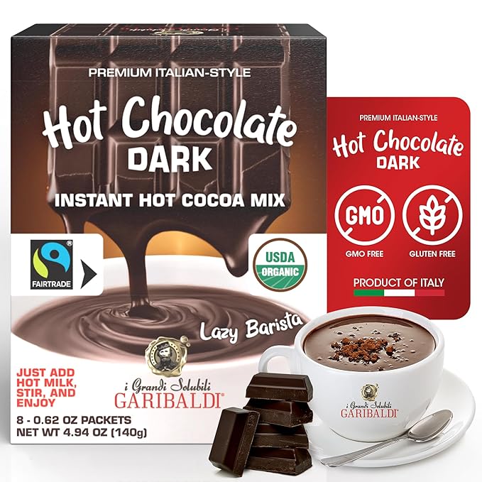 Cafe Garibaldi Premium Dark Hot Chocolate - Organic Instant Cocoa Mix with Dark Cacao Powder, Fair Trade, Gluten-Free, & GMO-Free, 8 Servings x 0.62oz Packets, Ideal Italian Hot Chocolate Gift