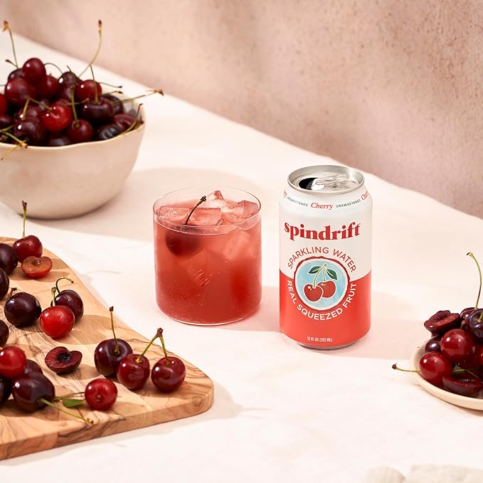 Spindrift Sparkling Water, Cherry Flavored, Made with Real Squeezed Fruit, 12 Fl Oz Cans, Pack of 24 (Only 21 Calories per Can)