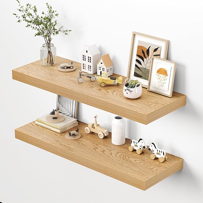 Dreamland 40" Floating Shelves for Wall, 12" Deep Thicker Oak Floating Shelves, Wall-Mounted Shelves for Bedroom, Living Room, Kitchen, Bathroom - Set of 2
