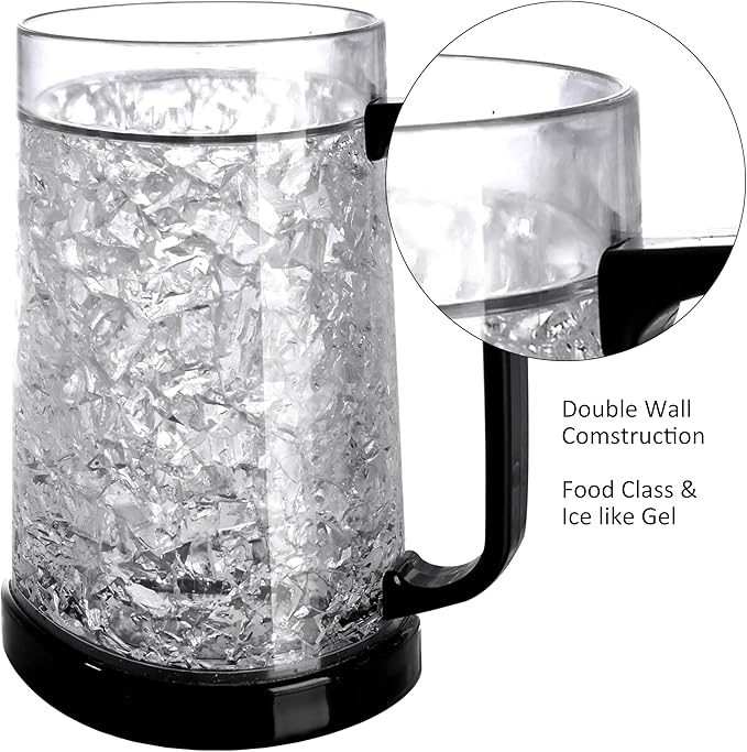 Double Wall Gel Frosty Freezer Ice Mugs Clear 16oz Set of 1 (Black), one, BB000