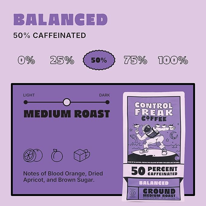 Control Freak Coffee Balanced – 50% Caffeine Ground Coffee (32 Oz) | Half Caff Coffee Blend for Smooth Focus, Full Flavor for Half the Buzz | Sugarcane Decaf, Freshly Roasted Coffee Beans