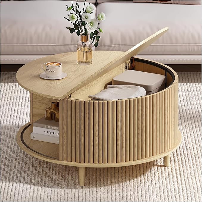 Round Coffee Table with Storage, 31.5" Natural Oak Fluted Center Table with Sliding Door, Modern Circle Drum Table for Living Room, Scandi Wood Furniture for Small Spaces