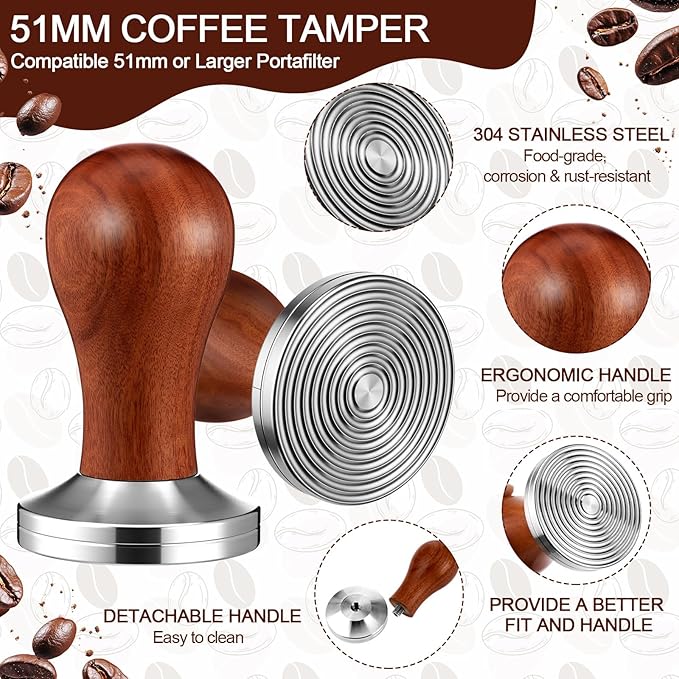 5 Pcs 51mm Espresso Accessories Kit Coffee Tamping Mat Spring Loaded Calibrated Tamper 316 Stainless Steel WDT Espresso Dosing Funnel and Puck Screen Set Coffee Stirrer for Barista