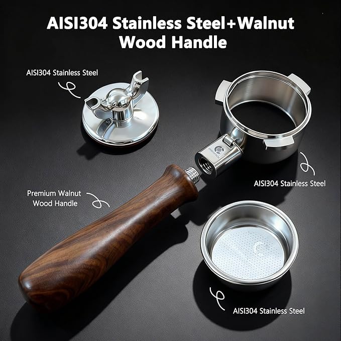 Espresso Accessories, 54mm Bottomless Portafilter with Detachable Double Spout, 18g Convex Filter Basket, 3-Ear Design, Walnut Wood Handle, Compatible with Breville 54mm Espresso Machines