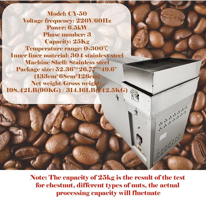 BEILOCKERY 55 Lbs Commercial Automatic Heating Roasting Machine (0-300℃), Multifunctional Large Stainless Steel Drum Chestnuts Roaster Baker Equipment for Nuts Coffee Bean 220V 6.5kW Three-phase