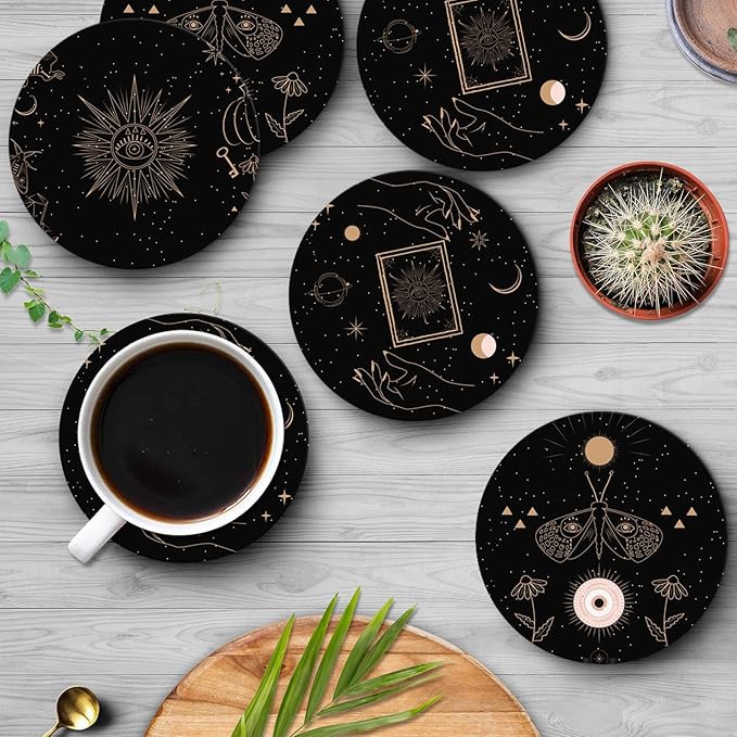 Britimes Table Coaster for Drinks Set of 6, Cute Black Mystical Animals Magic Coffee Absorbent Round Ceramic Stone Mat, with Cork Base and Metal Holder, Gift for Housewarming Room Bar Decor