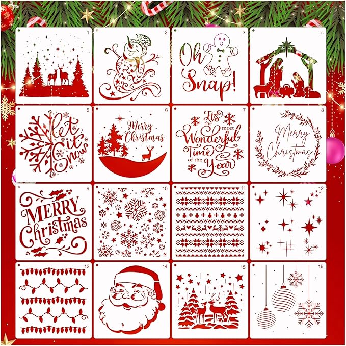 16 Pcs Christmas Stencils Reusable Winter Holiday Template Christmas Stencil for Painting on Wood DIY Crafts Canvas Window Fabric Doormat (16 Christmas 6in)