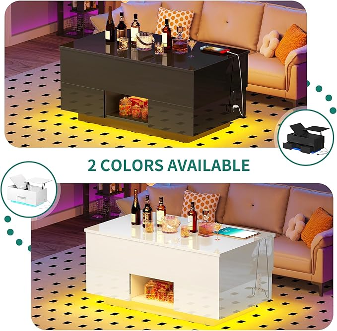 YITAHOME LED Lift Top Coffee Tables for Living Room with Power Outlets Charging Station, Modern Coffee Table with Storage 2 Drawers & Open Shelfs Rectangular Small Center Cocktail Table, Glossy Black