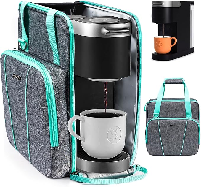 BAGSPRITE Travel Coffee Maker Bag for Keuriig K-Slim, Single Serve Brewer Carrying Case, Portable Travel Coffee Maker Storage Case with Pockets for K-Cup Pods (Full Open Design Patent Pending)