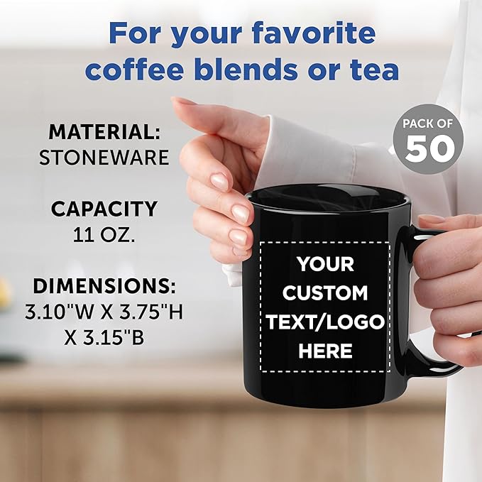 Custom Ceramic Coffee Mugs 11 oz. Set of 50, Personalized Bulk Pack - Coffee cup set, Iced coffee cup, Gaming mug - Black