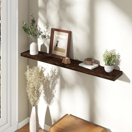 55 inch Floating Shelves for Wall, Rustic Solid Elm Wood Floating Shelf, Wall Mounted Long Wall Shelves for Bedroom, Kitchen, Living Room and Bathroom, Real Dark Wood Shelf for Home, Walnut