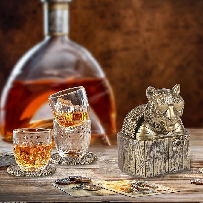Cabin Coasters Set 6 Full Size Non-Slip Bar Coasters, Indoor Christmas Decorations, Man Cave Gifts for Men, Rustic Handmade Decor for The Home (Tiger)