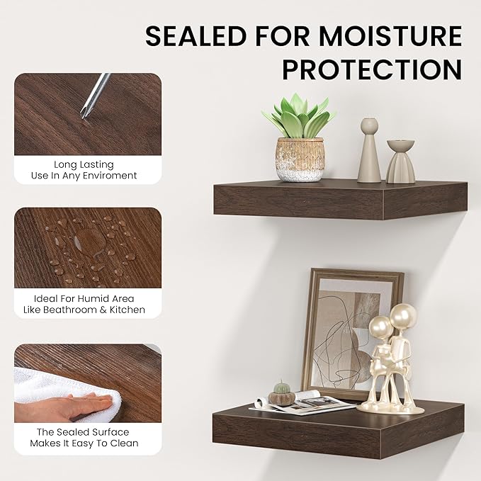 Square Floating Shelves for Wall, 12" W x 12" D x 1.4" H, Small Wooden Wall Mounted Display Shelves with Invisible Brackets for Living Room, Bedroom, Bathroom, Kitchen Decor, Set of 3, Walnut