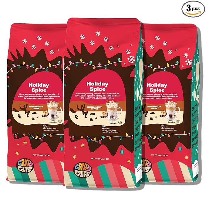 Crazy Cups Flavored Ground Holiday Spice Coffee - 10 Oz Bags (Pack of 3) - Brew Hot or Iced