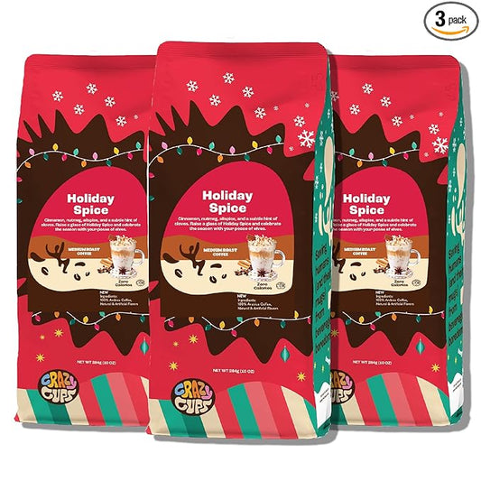 Crazy Cups Flavored Ground Holiday Spice Coffee - 10 Oz Bags (Pack of 3) - Brew Hot or Iced