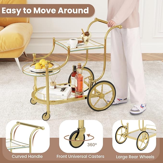 COSTWAY Glass Rolling Bar Cart, Rolling Serving Cart with 3-Tier Shelf, Directional Wheels & Universal Wheels, Mobile Wine Tea Serving Cart for Hotel, Club & Home (Gold)