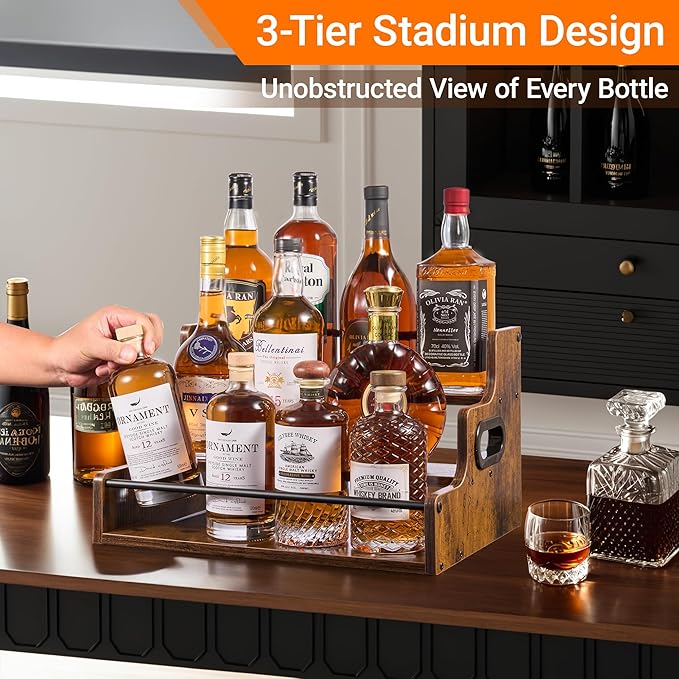 YQBRAO 3-Tier Liquor Bottle Display Shelf - Holds up to 12 Bottles, Rustic Wood Bar Shelves for The Home Bar, Countertop Whiskey and Bourbon Organizer with Anti-Slip Pads