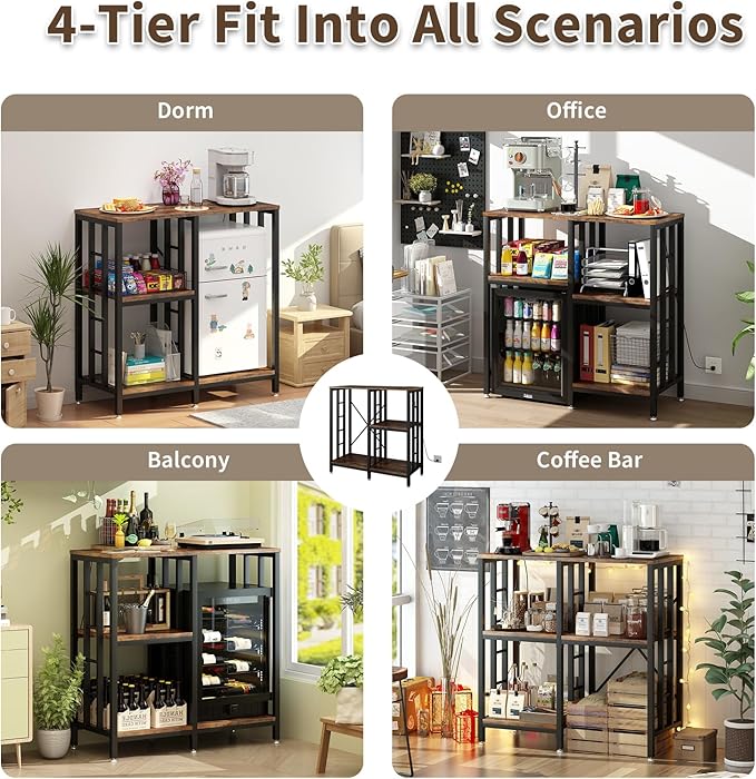Adjustable Kitchen Bakers Rack with Power Outlet,4-Tier Microwave Stand Kitchen Cart,Mini Fridge Stand with Storage,Bar Cabinet,Suitable for Office,Coffee Bar,Living Room,Patio,Rustic Brown