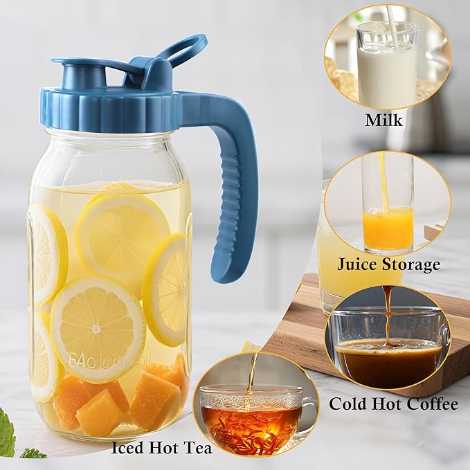 64 Oz Glass Pitcher With Lid 2 Set Half Gallon Wide Mouth Mason Jar Cold Hot Water Pitcher 2 Quart Sun Tea Glass Jar For Outside For Fridge Lemonade, Beverage,Milk,Juice, Cold Brew Iced Tea Container