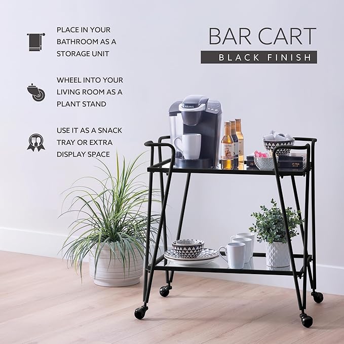 Gina Black Mid Century Bar Cart with Mirrored Shelves by Linon