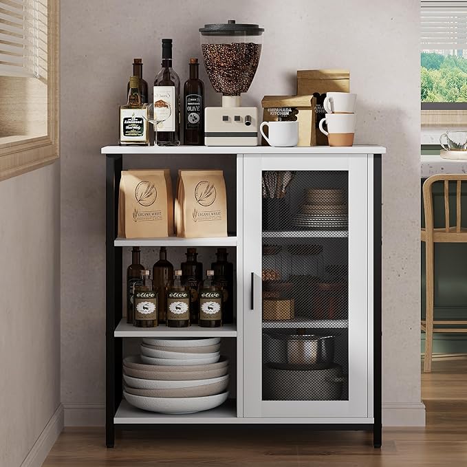 LVSOMT Mini Coffee Bar Cabinet with Storage, 27.5'' Small Kitchen Bar Table, Cute Corner Bar Cabinet for Tea, Buffet Sideboard Cabinet for Dining Room, Farmhouse Coffee Station for Wine (Pure White)