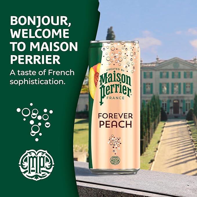 Maison Perrier Forever Peach Flavored Sparkling Water, 11.15 Fl Oz Cans, 8 Count, 3 Pack