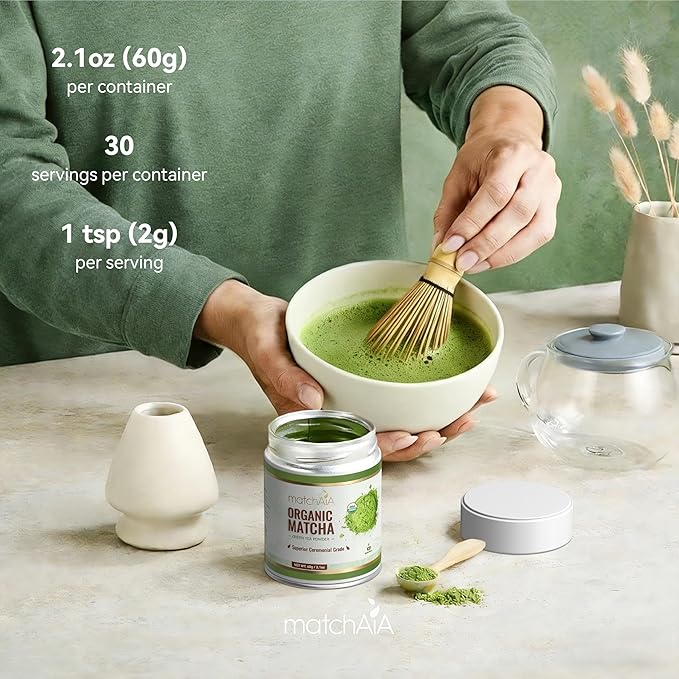 MatchAiA Organic Ceremonial Matcha Green Tea Powder - Superior Ceremonial Grade, First Spring Harvest, USDA Certified, 100% Pure - Sugar Free, Gluten Free (60g / 2.1oz Tin)