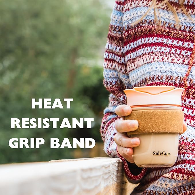 Reusable Strengthened Glass Travel Cup - Spill Proof Insulated Coffee Mug - 12oz/340ml BPA-Free Hot Drink Travel Mug with Lid & Cork Band (Pink, 12oz)