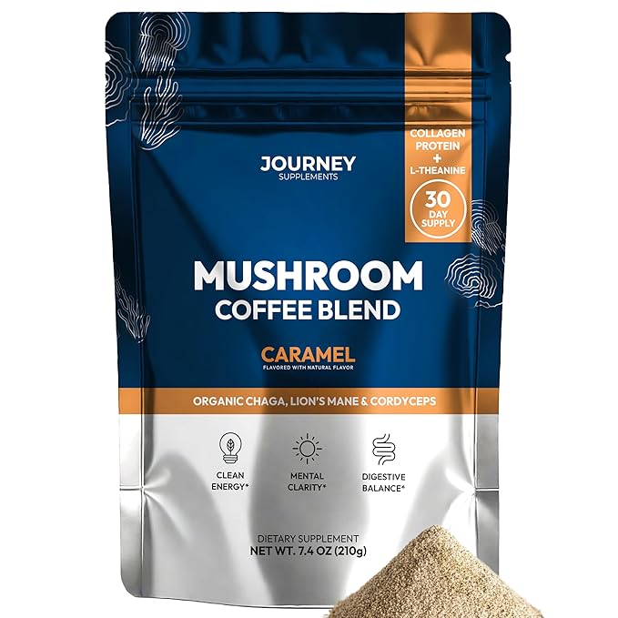 Mushroom Coffee with Collagen - Caramel Blend – Adaptogenic Instant Coffee for Energy, Focus, & Mental Clarity – Enhanced with Lion’s Mane, Chaga, Cordyceps & L-Theanine (30 Servings)