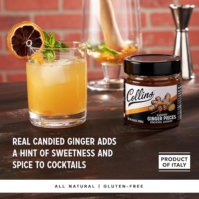 Collins Candied Ginger in Syrup for Cocktails, Gluten Free Skinny Cocktail Garnish for Whiskey, Rum, Martini, Mojito, Gin, Moscow Mule, Tea, Desserts, Baking, Home Bar, 10.6 oz, Set of 1