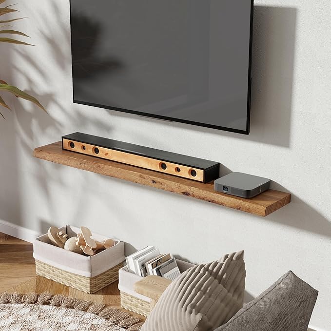 55 Inch Long Floating Shelves for Wall, Live Edge Floating Shelf Wall-Mounted for Bedroom Kitchen Living Room, Real Solid Elm Wood Wall Shelf with Heavy-Duty Bracket for Books Decor Storage, Natural
