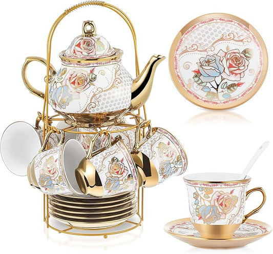 Zhehao 20 Pcs Porcelain Tea Set with Metal Holder and Spoon Adult Ceramic Tea Set European Flower Painting Teapot Cup Saucer Spoon for Women, Large Version(Minimalist Style)