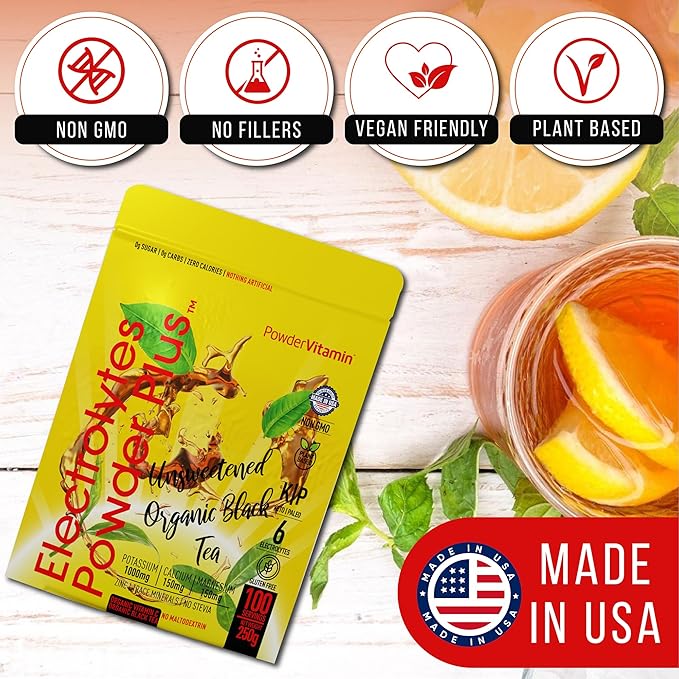 PowderVitamin Electrolytes Powder Plus (100 Servings) Unsweetened Black Tea Electrolyte Powder Keto,SugarFree,Pink Himalayan Salt,1000mgPotassium,150mgCalcium,150mgMagnesium,Hydration Powder NO STEVIA