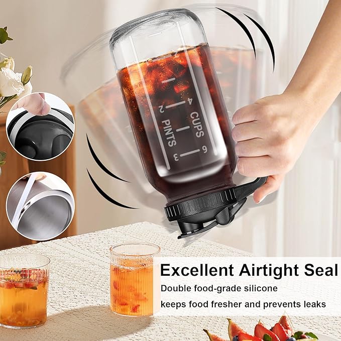 2Pack Glass Pitcher - 64 OZ Mason Jar Glass Jug Breast milk Containers, Wide Mouth，Airtight & Leakproof Pitcher with Pour Spout Lids for Water, Juice, Milk, Tea, Iced Coffee