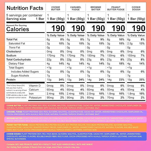 Misfits Protein Bar Variety Pack | Nutrition Bars - 14-15g Protein, 1g Sugar, Plant-based, Low Carb, Non-GMO, Gluten Free Snacks | Sample Pack of 5 - Multiple Flavors