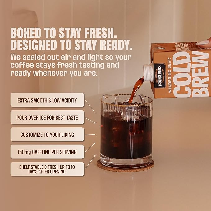 Wandering Bear Organic Unsweetened Extra Strong Cold Brew in a Box - Make Your Own Iced Coffee Drink with Wandering Bear Black Concentrate, Shelf-Stable & Vegan - 21 Servings - 32 fl.oz