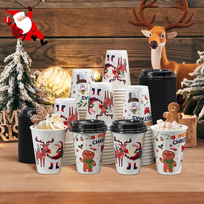 Clawsoff Christmas 100 Pack Coffee Cups with Lids 12oz, Disposable Insulated Ripple Wall To Go Paper Coffee Cups for Hot/Cold Drinks Office Home Shop Event