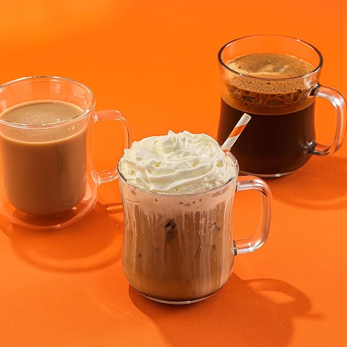 JoyJolt Glass Coffee Cups - 15.5oz Diner Mugs Set of 6. Bar Accessories, Cafe Style Clear Mug, Cappuccino, Latte, Tea Cup, Large Espresso Glasses