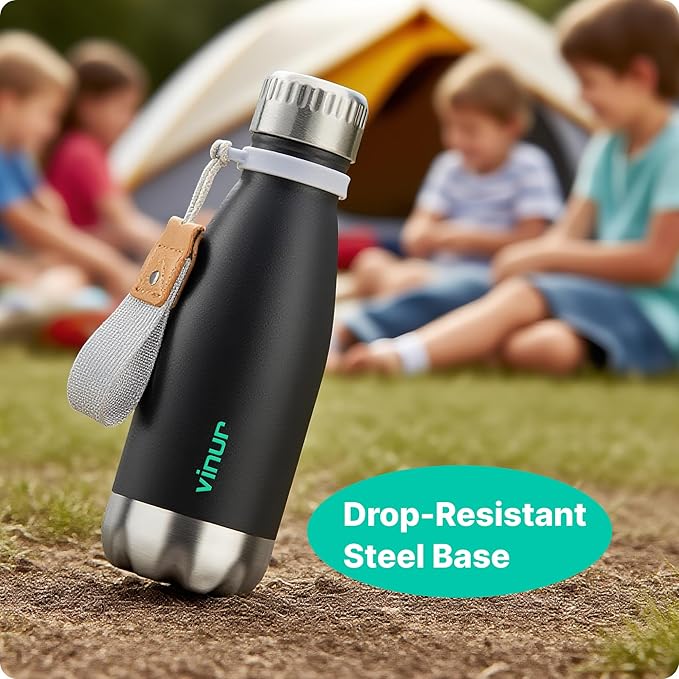 VINUR 12 oz Small Water Bottle - Kids Stainless Steel Double Wall Vacuum Insulated Water Bottle for School-Cola Shape Flask with Carry Rope(Black)