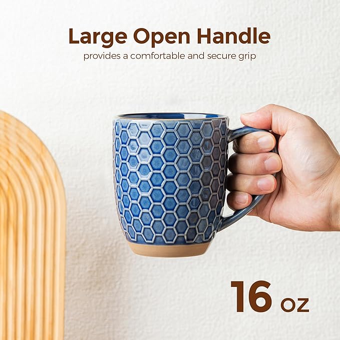 GBhome Large Coffee Mugs Set of 4, 16oz Handmade Embossed Coffee Mugs Set with Large Handle for Cappuccino/Latte/Tea/Hot Cocoa, Dishwasher & Microwave Safe, Blue